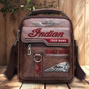 Indian Motorcycle Custom Name Men Leather Crossbody Bag, Cell Phone Purse, Zipper Shoulder Bag VS01