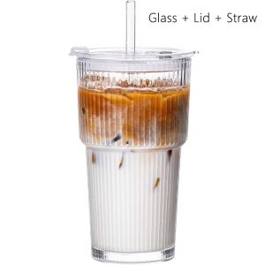 Ribbed Glass Tumbler with Lid and Straw Large Capacity Transparent Drinkware